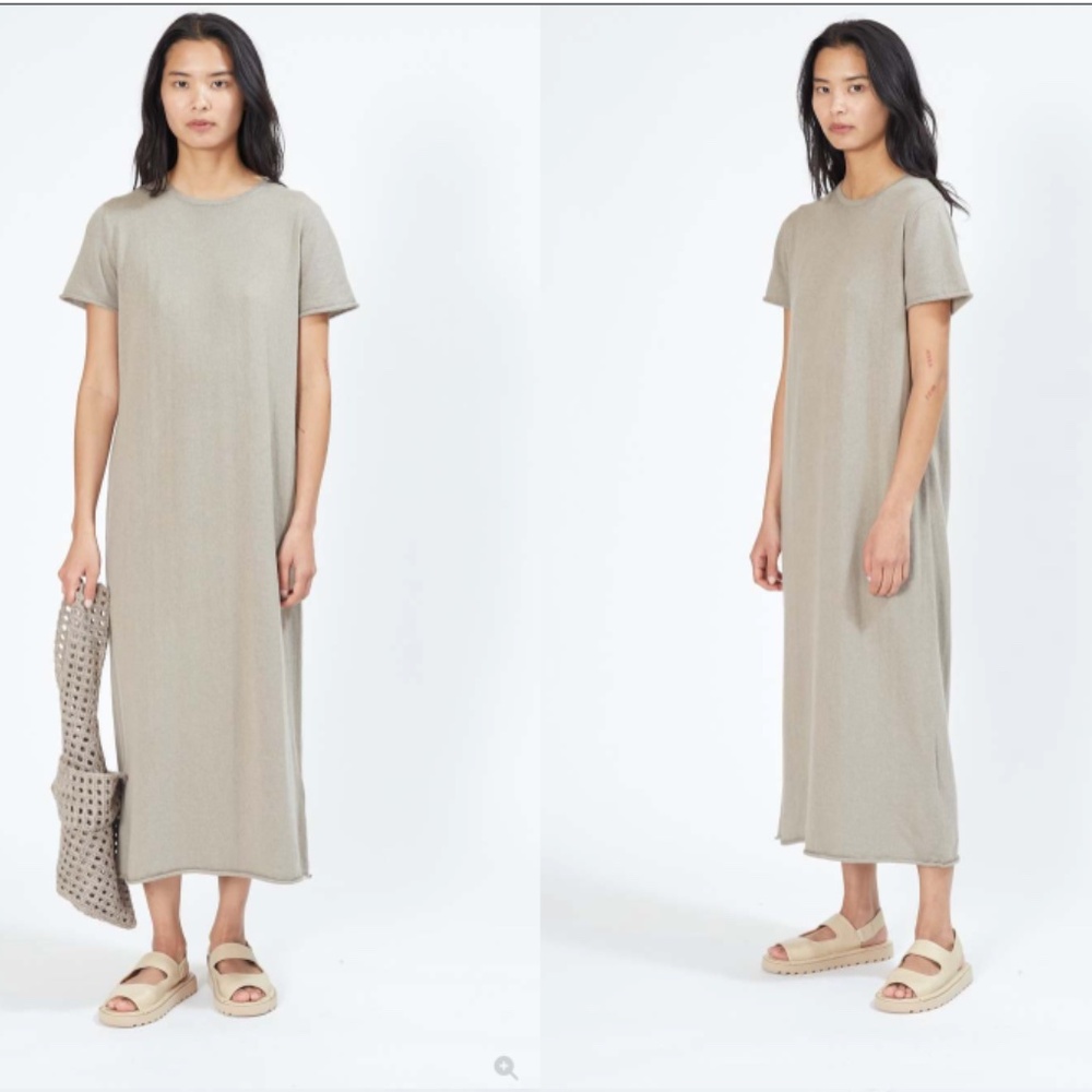 LAUREN MANOOGIAN Short Sleeve Crewneck Dress Tan Pima Cotton Baby Alpaca Knit S
